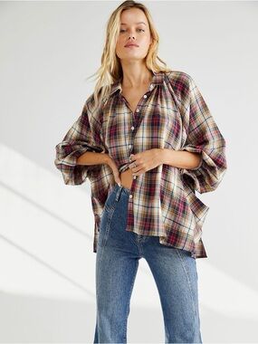 Free People x Kinga Csilla Plaid Button-Front Relaxed Shirt Size Small